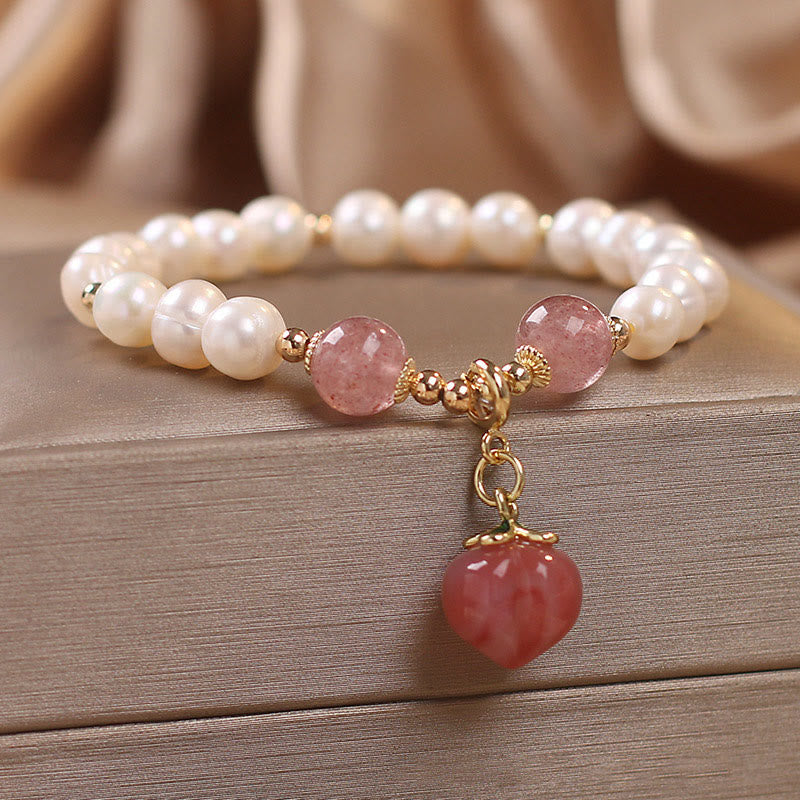 Buddha Stones Natural Pearl Strawberry Quartz Peach Love Heart Wisdom Charm Bracelet