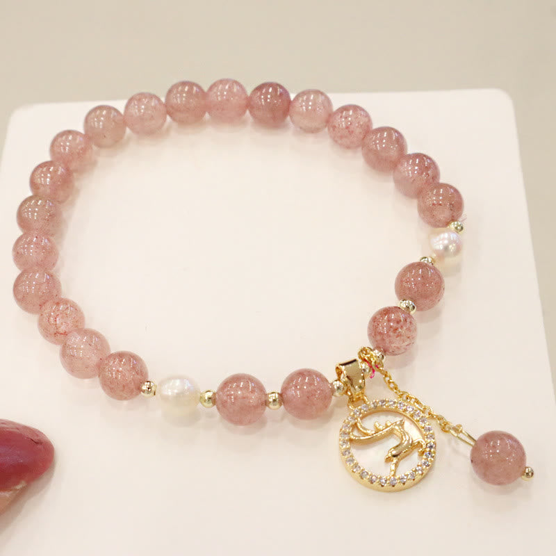 Buddha Stones Strawberry Quartz Pearl Elk Smiley Face Fishtail Fu Character Charm Healing Bracelet