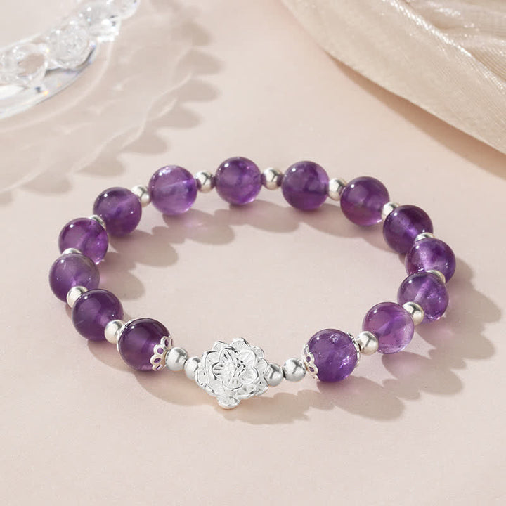 Buddha Stones 925 Sterling Silver Natural Amethyst Lotus Spiritual Bracelet