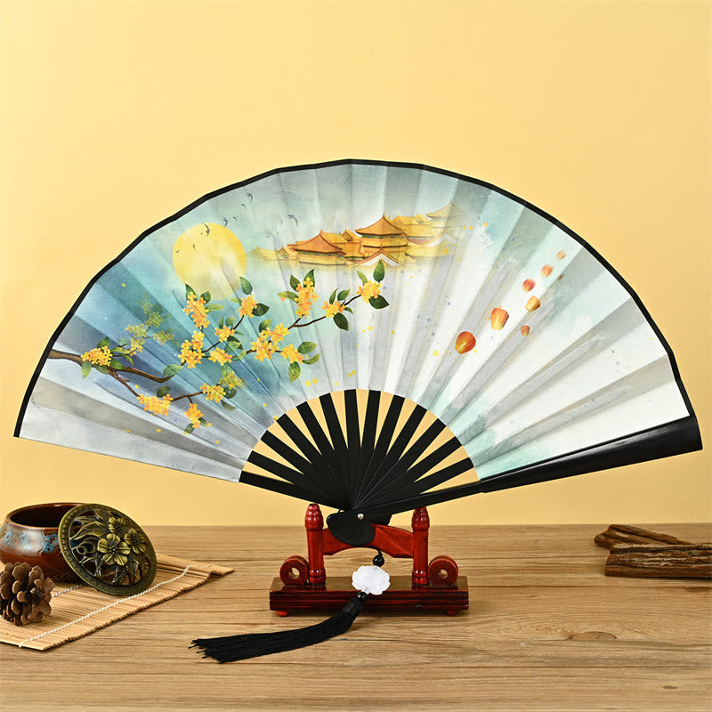 Buddha Stones Vintage Phoenix Nine-Tailed Fox Flower Bamboo Tiger Handheld Folding Fan Lotus Tassel Fan