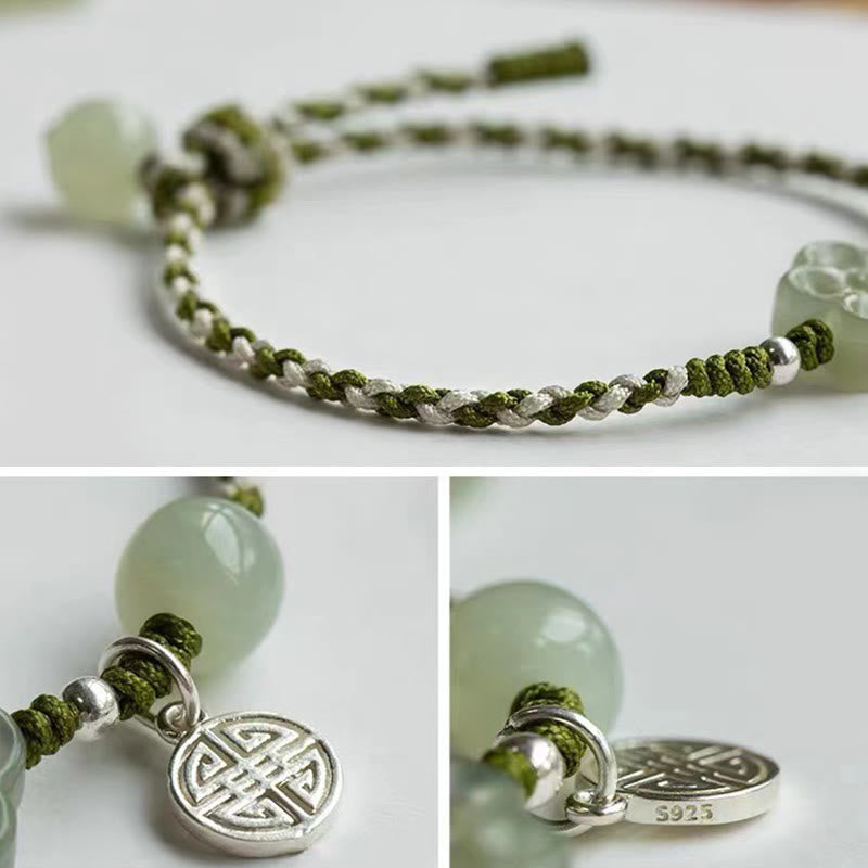 Buddha Stones Handmade Plum Blossom Flower Jade Luck Prosperity Braided Bracelet