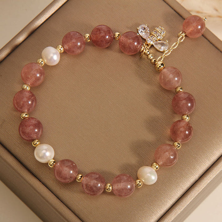 Buddha Stones Strawberry Quartz Pearl Cute Zircon Honeybee Positive Charm Bracelet