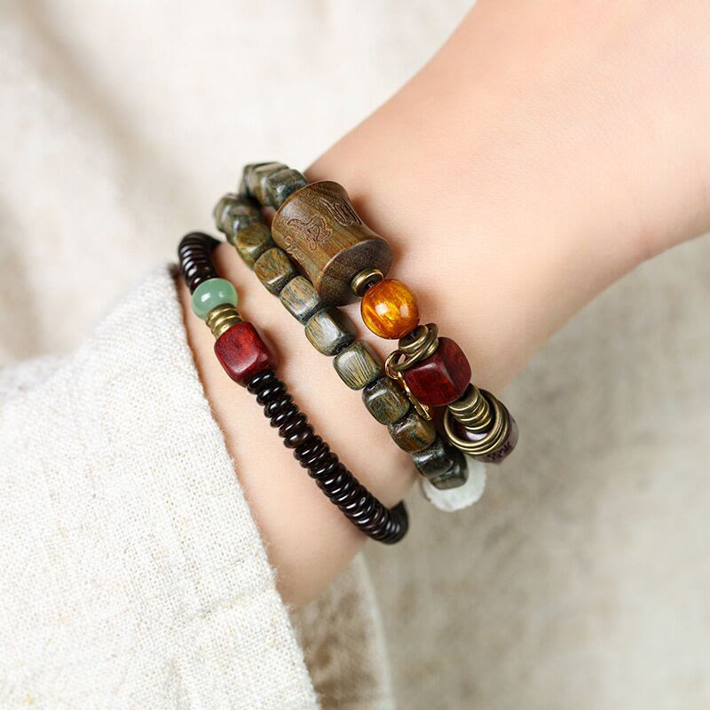 Buddha Stones Green Sandalwood Ebony Om Mani Padme Hum Engraved Peace Triple Wrap Bracelet