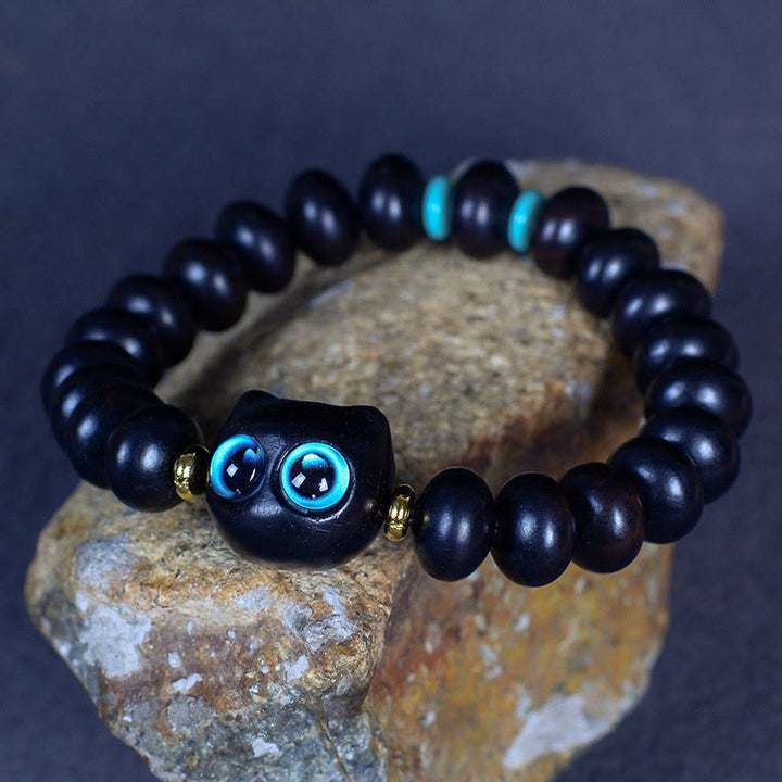 Buddha Stones Ebony Wood Liuli Glass Lovely Cat Peace Balance Bracelet