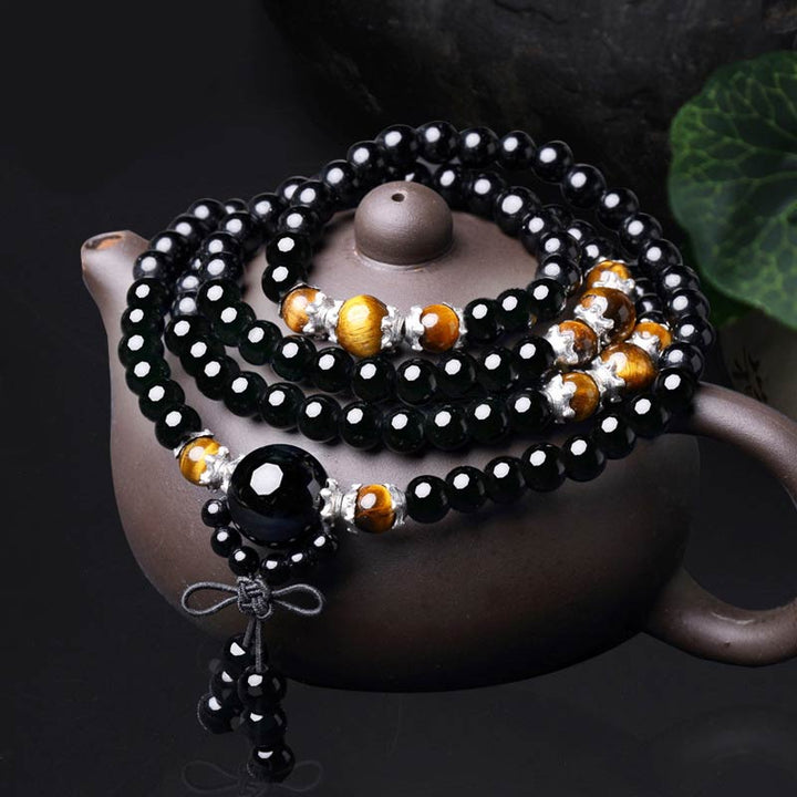 Buddha Stones 108 Beads Natural Black Obsidian Tiger Eye Mala Bracelet