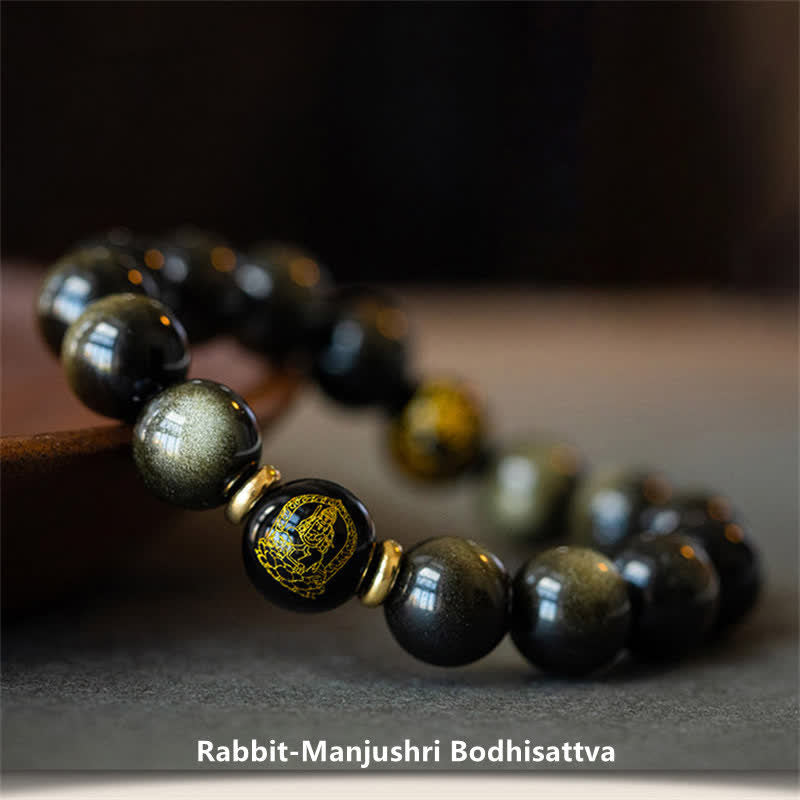 Chinese Zodiac Natal Buddha Gold Sheen Obsidian Wealth Protection Bracelet