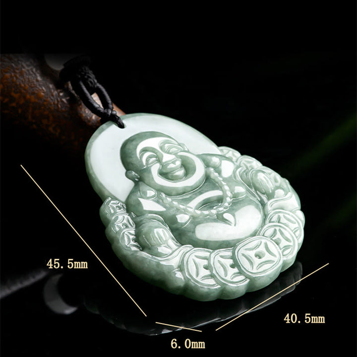 Buddha Stones Laughing Buddha Natural Jade Copper Coin Abundance Necklace Pendant