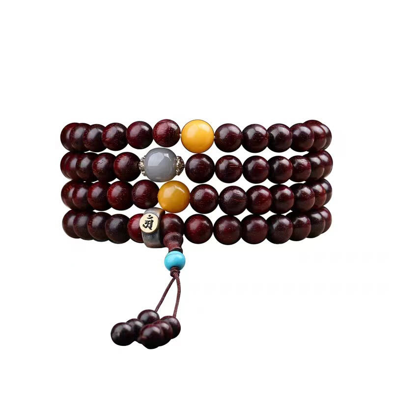 Buddha Stones 108 Mala Beads Chinese Zodiac Natal Buddha Small Leaf Red Sandalwood Gray Jade Protection Bracelet