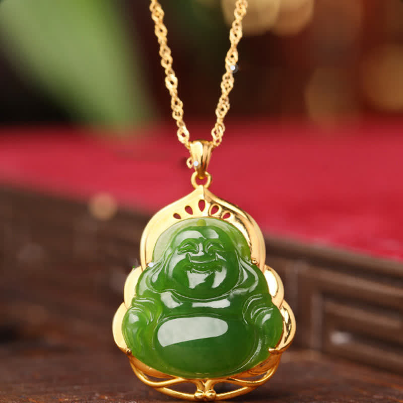 925 Sterling Silver Natural Hetian Cyan Jade Laughing Buddha 18K Gold Healing Necklace Chain Pendant