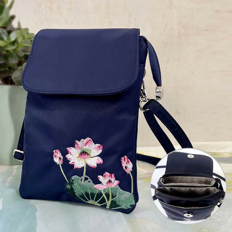 Waterproof Handmade Embroidered Lotus Flowers Crossbody Bag Shoulder Bag Cellphone Bag