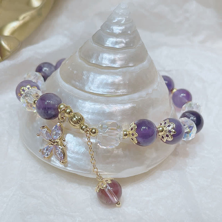 Buddha Stones Natural Amethyst Crystal Spiritual Butterfly Charm Bracelet