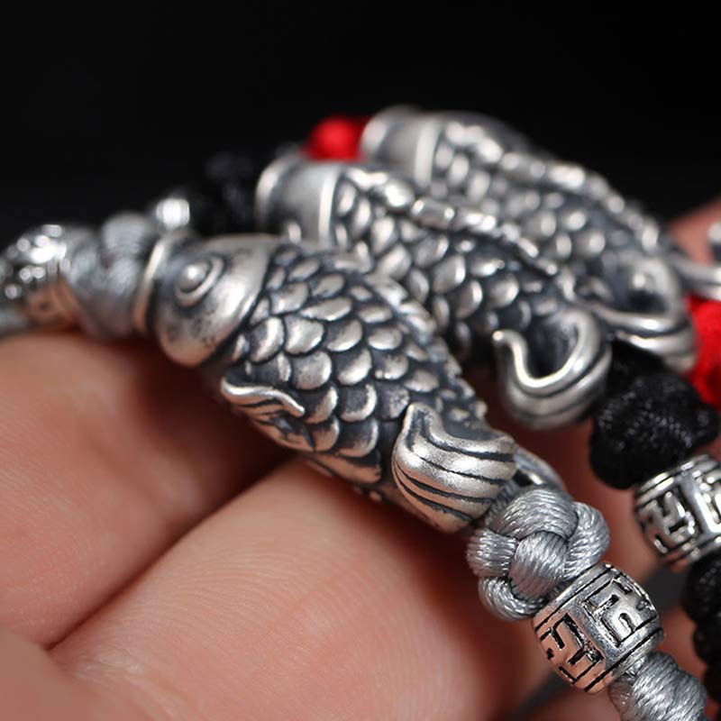 Buddha Stones Silver Luck Koi Fish Braided String Bracelet