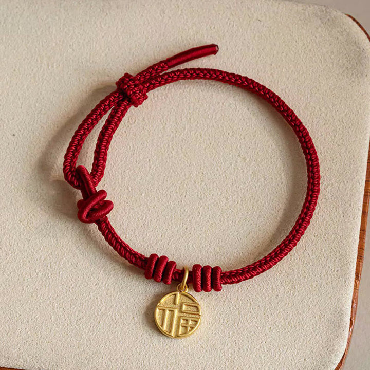 Buddha Stones Handmade Eight Thread Peace Knot Fu Character Charm Luck Happiness Red Rope Bracelet