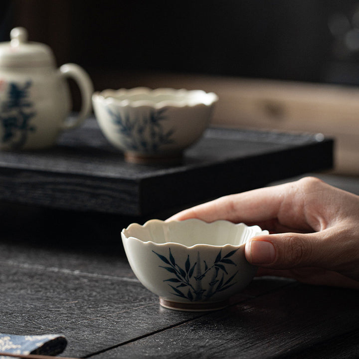 Buddha Stones Small Blue Bamboo Leaves Ceramic Teacup Kung Fu Tea Cup Bowl