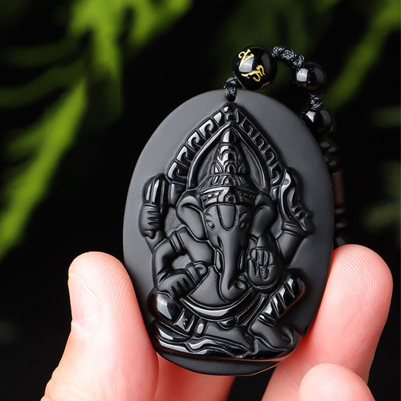 Buddha Stones Tibetan Obsidian Ganesh Ganpati Elephant Wealth Amulet Necklace