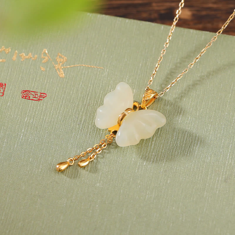 Buddha Stones 925 Sterling Silver Plated Gold Hetian White Jade Butterfly Blessing Necklace Pendant