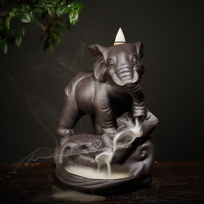 Tibetan Elephant Purple Clay Backflow Smoke Fountain Peace Healing Incense Burner Decoration