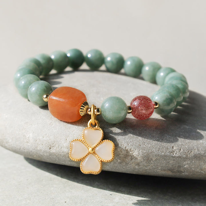 Buddha Stones Jade Four Leaf Clover Charm Prosperity Bracelet