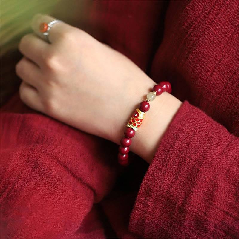 Buddha Stones Natural Cinnabar Lucky Koi Fish Hetian Jade Bead Blessing Bracelet