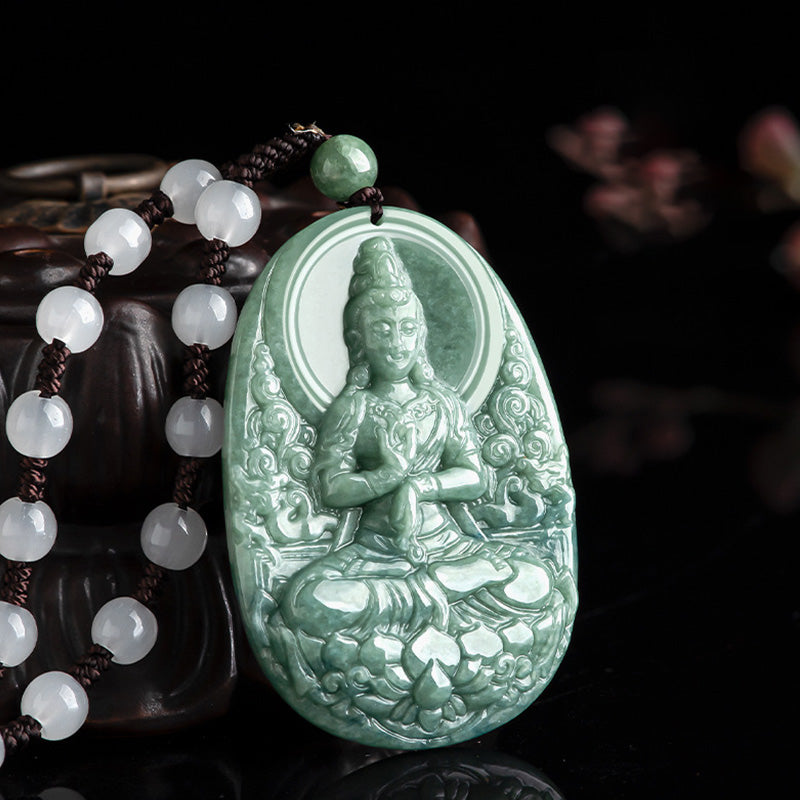 Buddha Stones Natural Jade Avalokitesvara Amulet Wealth Necklace Pendant