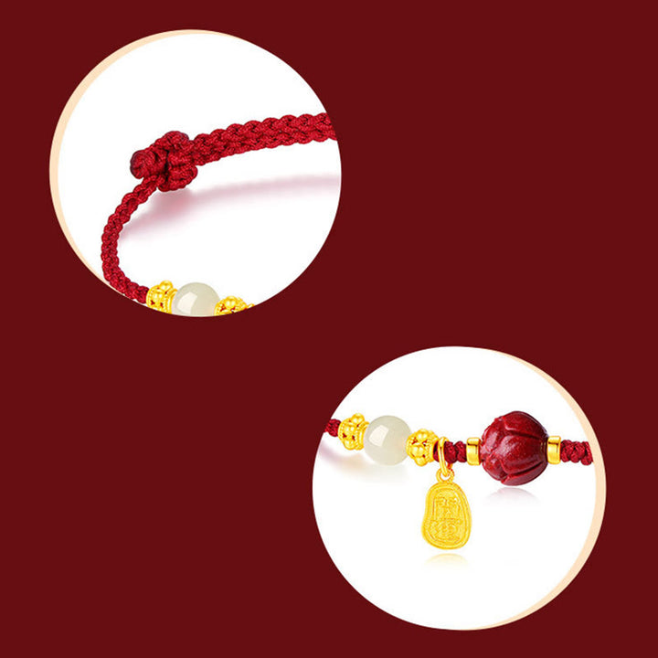 Buddha Stones 24K Gold Plated Hetian White Jade Cinnabar Lotus Luck Rope Bracelet