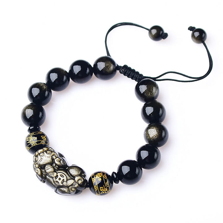 Buddha Stones Natural Gold Sheen Obsidian PiXiu Om Mani Padme Hum Wealth Braided Bracelet