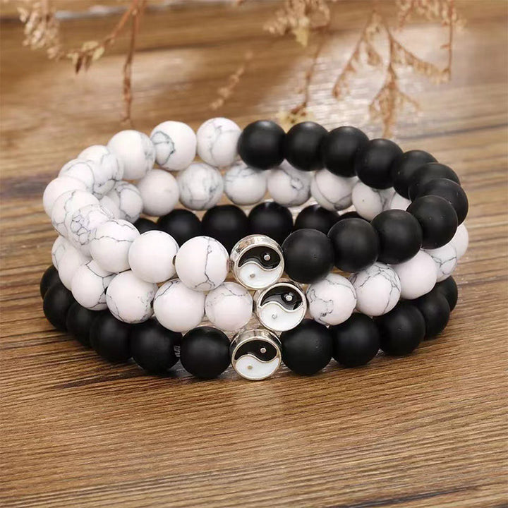 Buddha Stones 3pcs Natural White Turquoise Frosted Stone Bead Yin Yang Wealth Bracelet