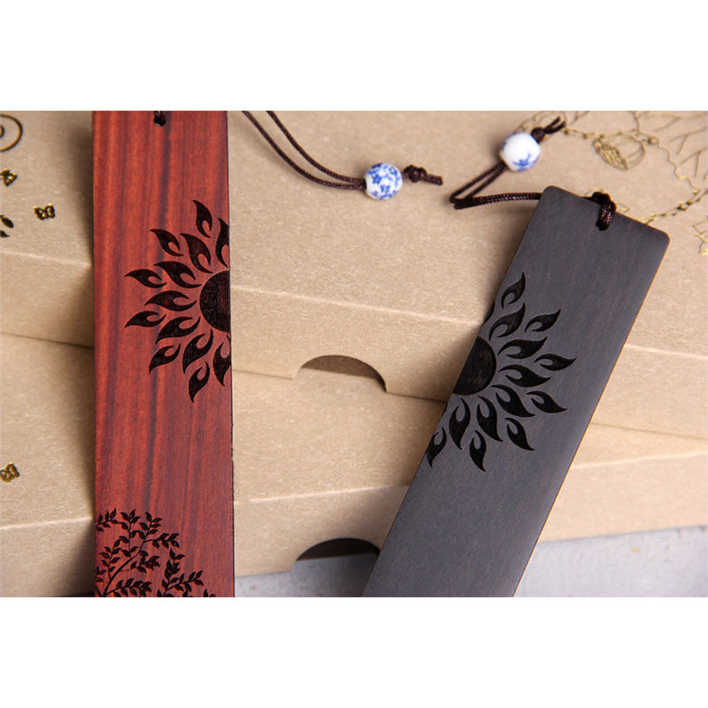 Buddha Stones Sun Tree Ebony Wood Small Leaf Red Sandalwood Bookmarks With Gift Box