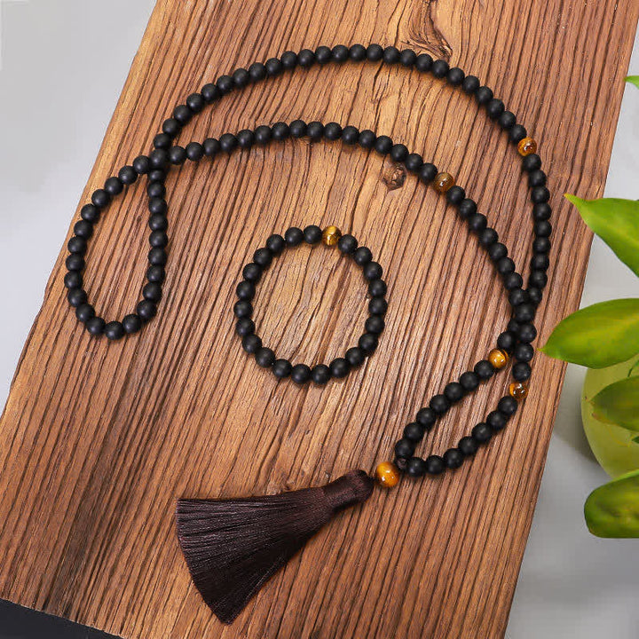 108 Mala Beads Frosted Stone Tiger Eye Balance Bracelet Necklace Pendant