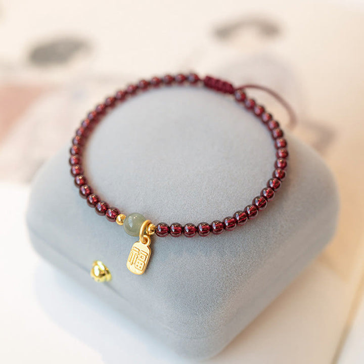 Buddha Stones Natural Strawberry Quartz Garnet Jade Lucky Fortune Fu Character Healing Charm Bracelet