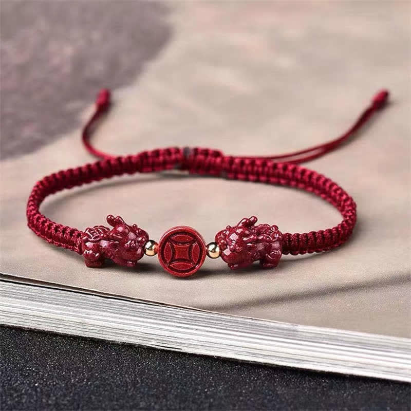 Buddha Stones Cinnabar PiXiu Blessing Copper Coin Peace Buckle Red String Bracelet