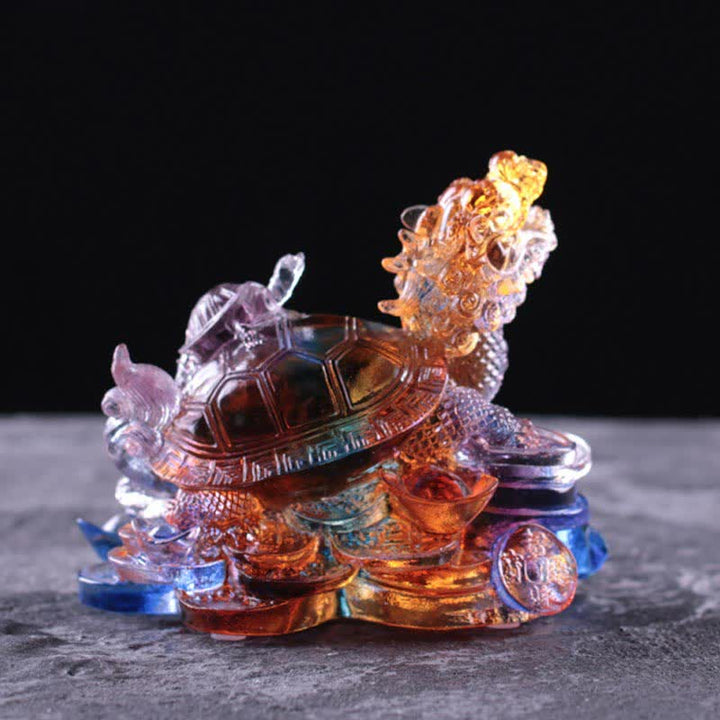 Buddha Stones Feng Shui Dragon Turtle Coins Handmade Liuli Crystal Luck Art Piece Home Office Decoration