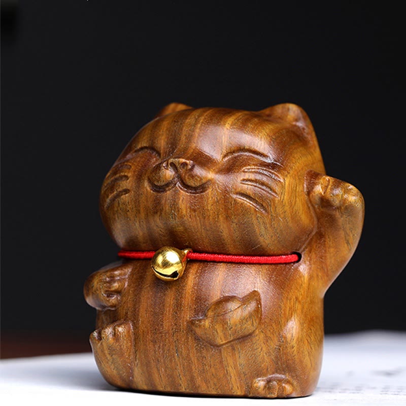 Buddha Stones Green Sandalwood Small Mini Cute Lucky Cat Peace Decorations