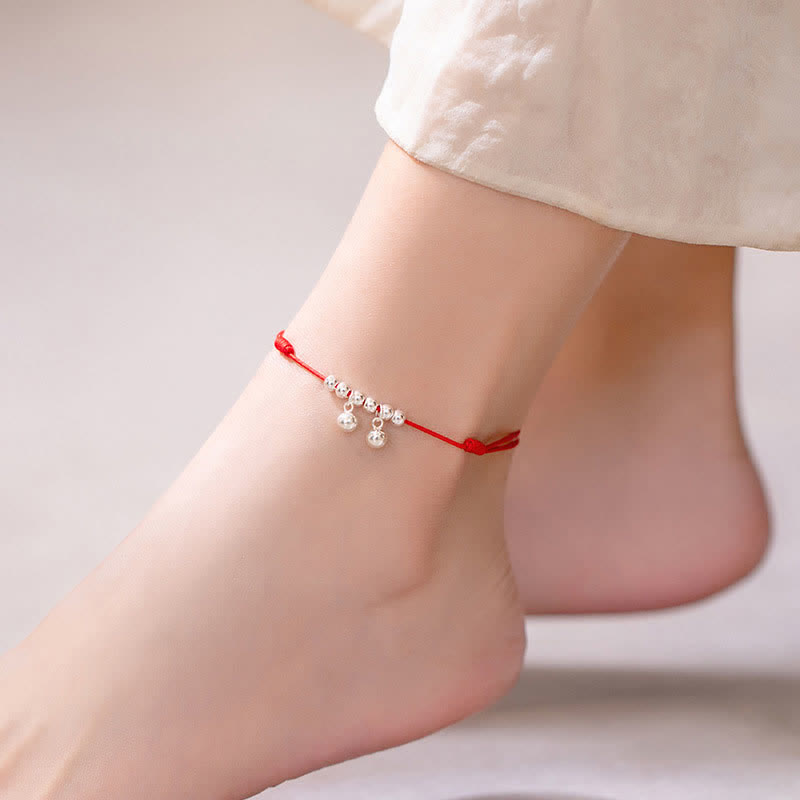 Buddha Stones 925 Sterling Silver Red String Braid Bell Charm Anklet