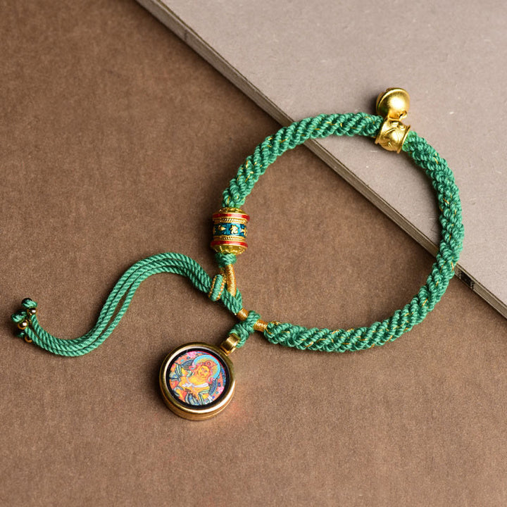 Buddha Stones Tibetan Five God Of Wealth Thangka Luck Prayer Wheel Bell Braid String Bracelet