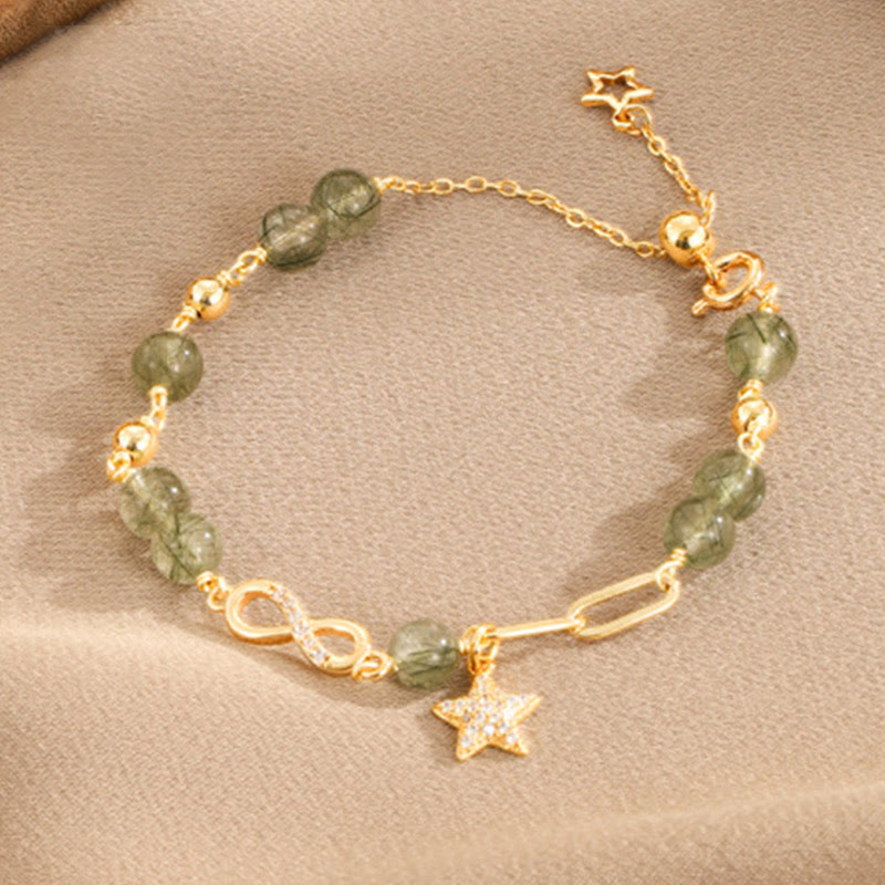 Buddha Stones 14K Gold Green Rutilated Quartz Möbius Loop Eternal Love Star Protection Bracelet