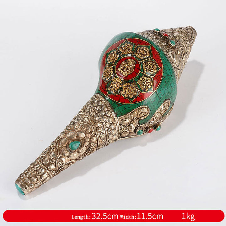 Tibetan Handmade Shankha Om Mani Padme Hum Buddha Avalokitesvara Turquoise Conch Shell Positive Decoration