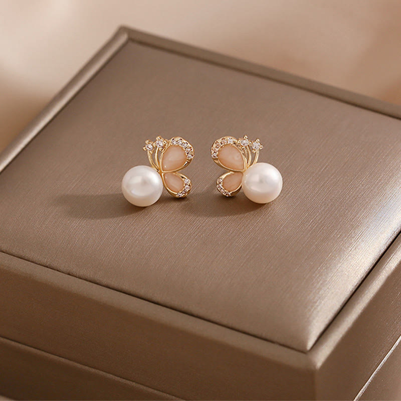 Buddha Stones 18K Gold Pearl Butterfly Love Freedom Stud Earrings