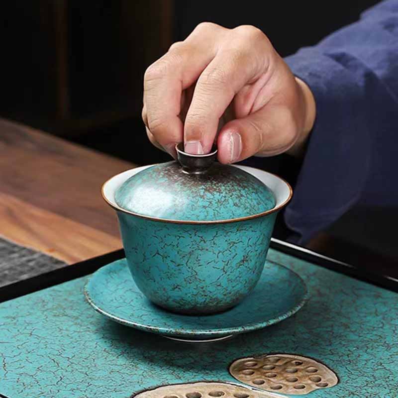 Buddha Stones Traditional Pine Tree Green Ceramic Gaiwan Sancai Teacup Kung Fu Tea Cup And Saucer With Lid