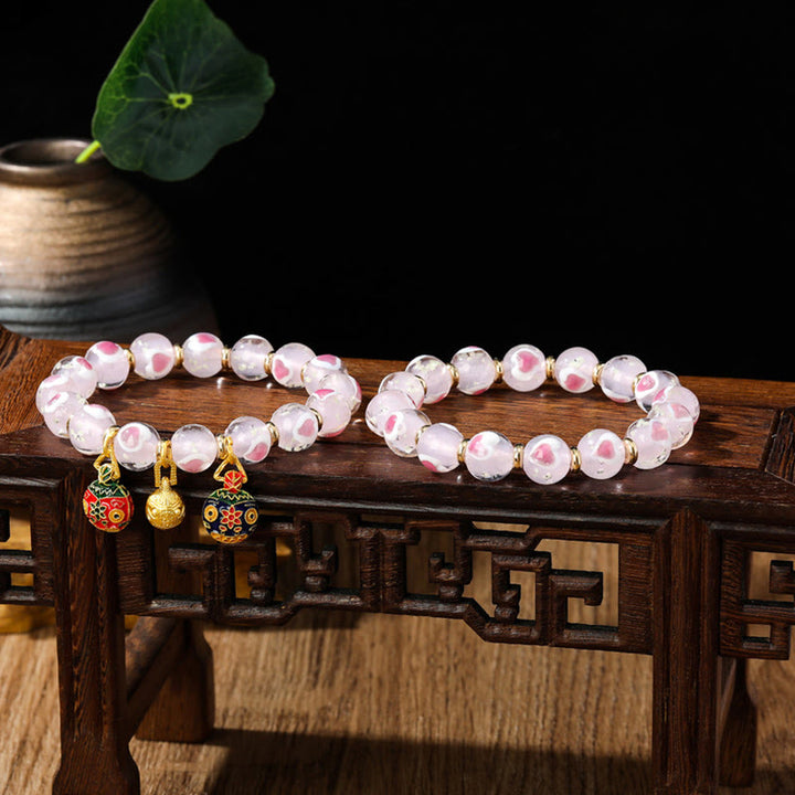 Buddha Stones Gold Swallowing Beast Family Pink Love Heart Luminous Fluorescent Liuli Glass Bead Bracelet