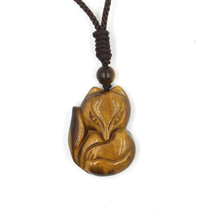 Buddha Stones Natural Black Obsidian Tiger Eye Ice Obsidian Fox Pendant Amulet Necklace