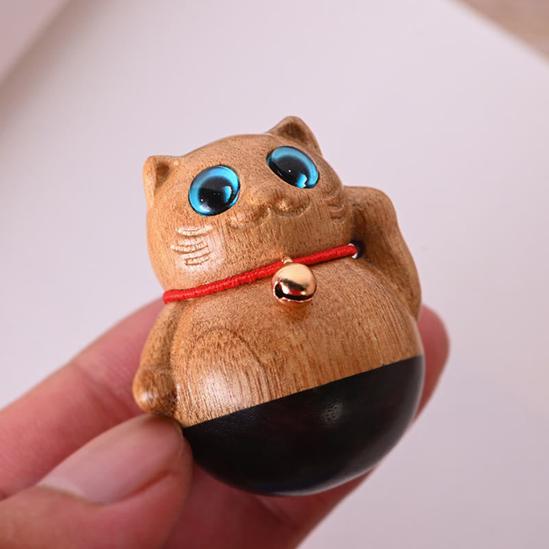 Buddha Stones Mini Lucky Cat Kitten Phoebe Zhennan Wood Blessing Decoration