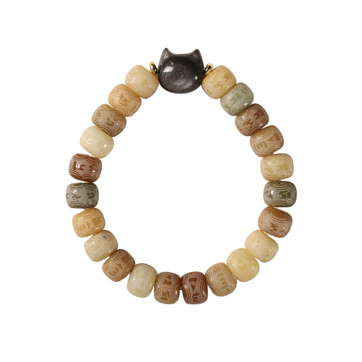 Buddha Stones Bodhi Seed Silver Sheen Obsidian Cat Head Om Mani Padme Hum Engraved Harmony Bracelet