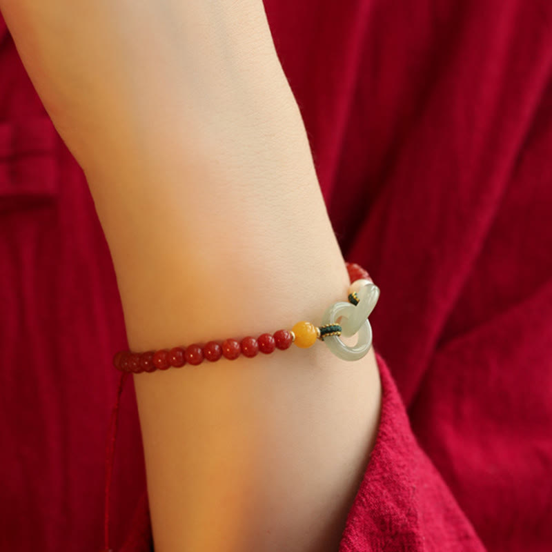 Buddha Stones Natural Red Agate Hetian Jade Double Peace Buckle Confidence Bracelet