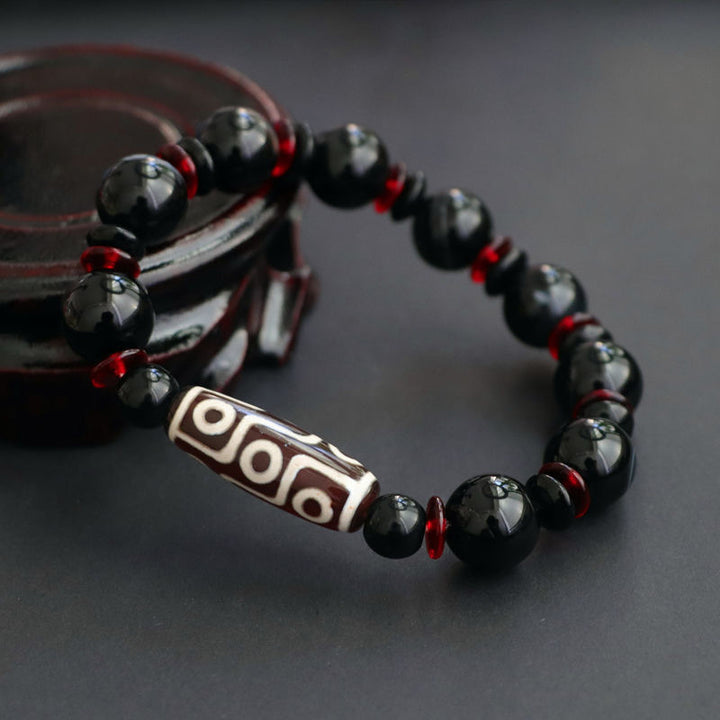 Buddha Stones Black Onyx Nine-Eye Dzi Bead Wealth Protection Bracelet