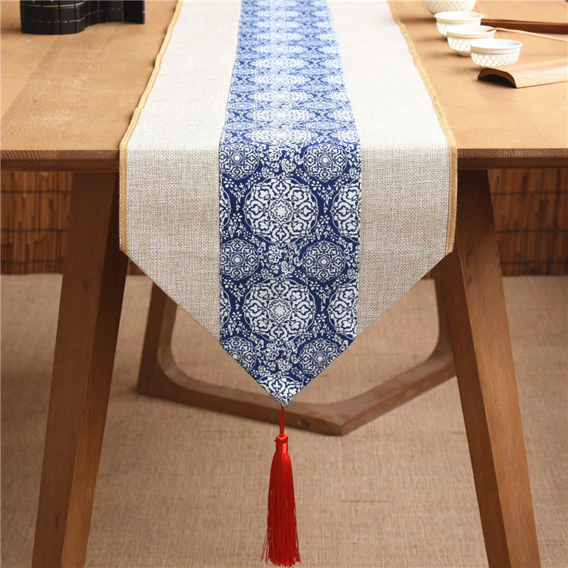 Buddha Stones Classic Chinese Style Lotus Koi Fish Flower Crane Calligraphy Enlightenment Cotton Linen Tassels Table Runner