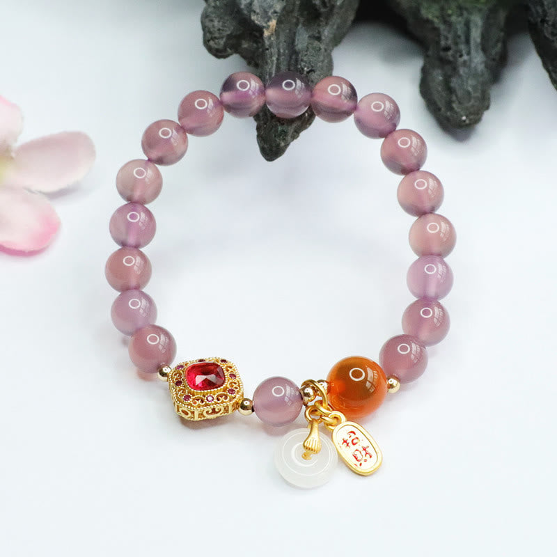 Buddha Stones Natural Purple Chalcedony Candy Agate Peace Buckle Harmony Lucky Fortune Charm Bracelet