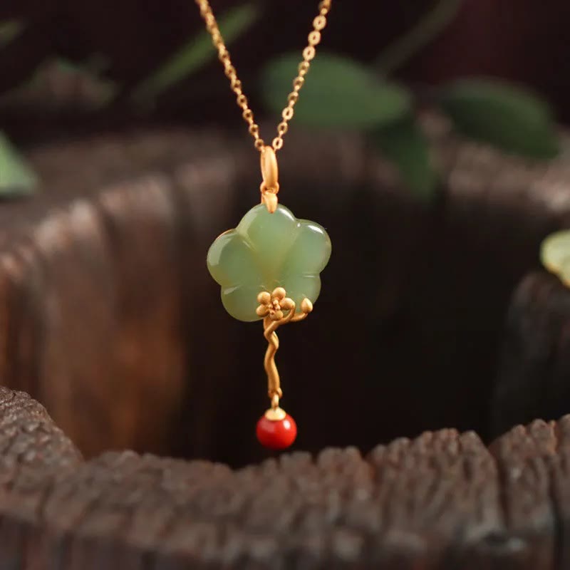 Vintage Plum Blossom Flower Jade Red Agate Prosperity Necklace Pendant