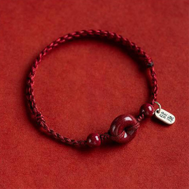 Buddha Stones Handmade Cinnabar Peace Buckle Safe and Healthy Charm Blessing String Bracelet Anklet