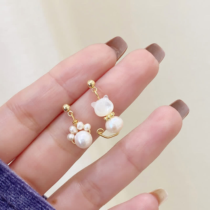 Buddha Stones Cute Cat Paw Pearl Wisdom Stud Drop Earrings